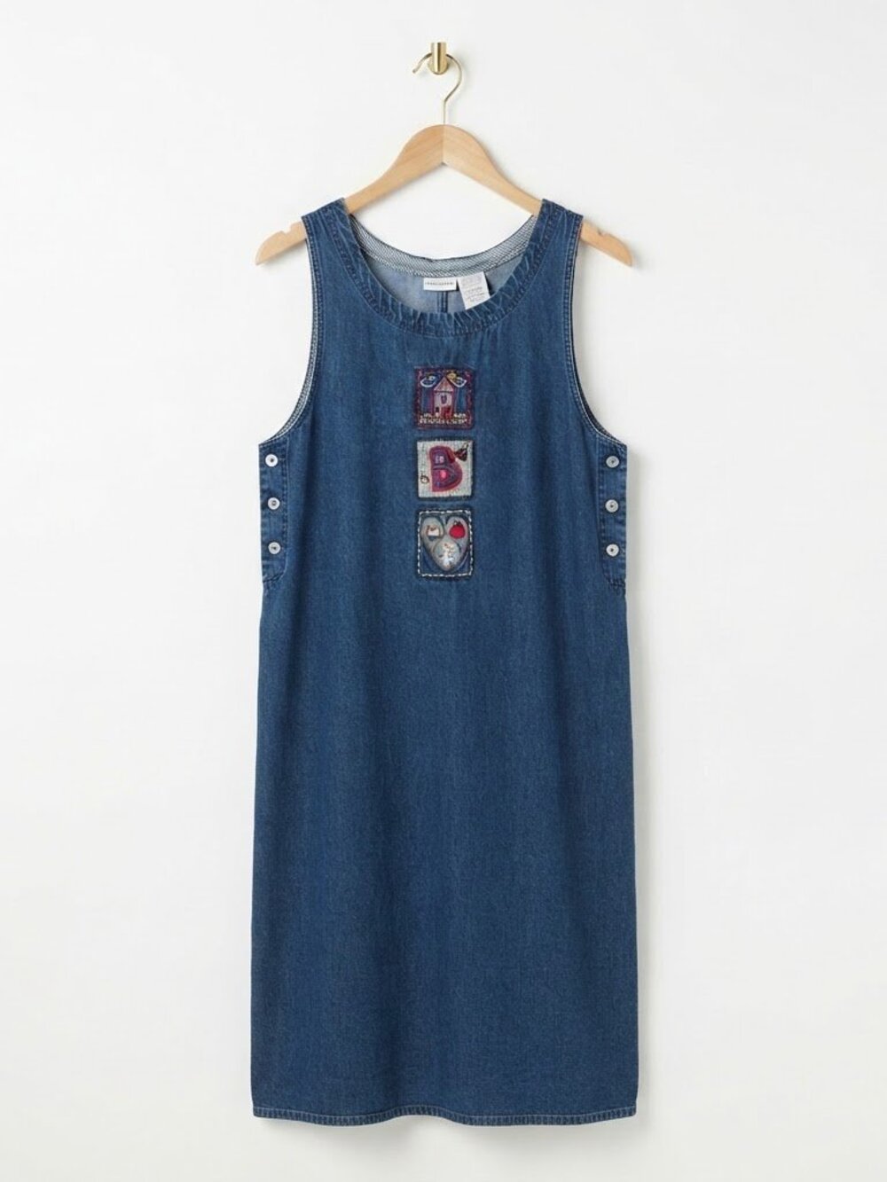 Vintage 90s Denim Jumper Dress Size Large Embroidered Country Casual Teacher